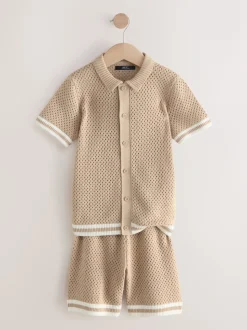 neutre - Ensemble polo et short en maille texturée boutonnée (3-16ans)