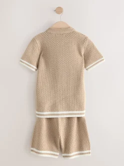neutre - Ensemble polo et short en maille texturée boutonnée (3-16ans)