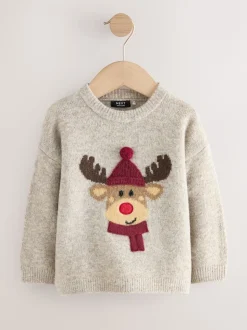 Neutre/gris renne - Pull de Noël en maille (3 mois-7 ans)