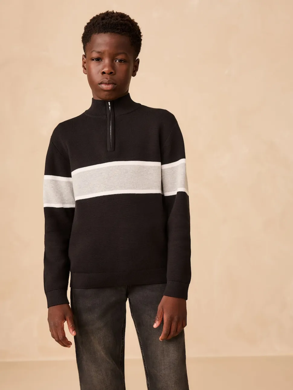 Noir - Pull colorblock en maille à col zippé (3-16ans)