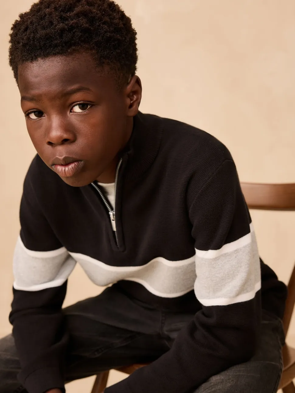 Noir - Pull colorblock en maille à col zippé (3-16ans)