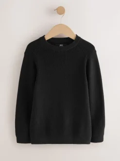 Noir - Pull en maille col rond en coton (3-16ans)
