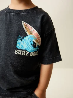 Noir Club de surf délavé à l’acide surdimensionné - T-shirt Manches courtes Back Imprimé (3mths-7yrs)