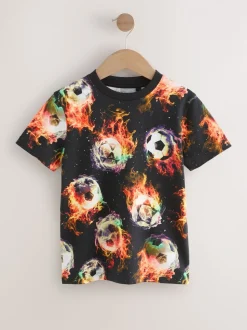 Noir Flame Football - T-shirt imprimé régulier à manches courtes (3-16ans)