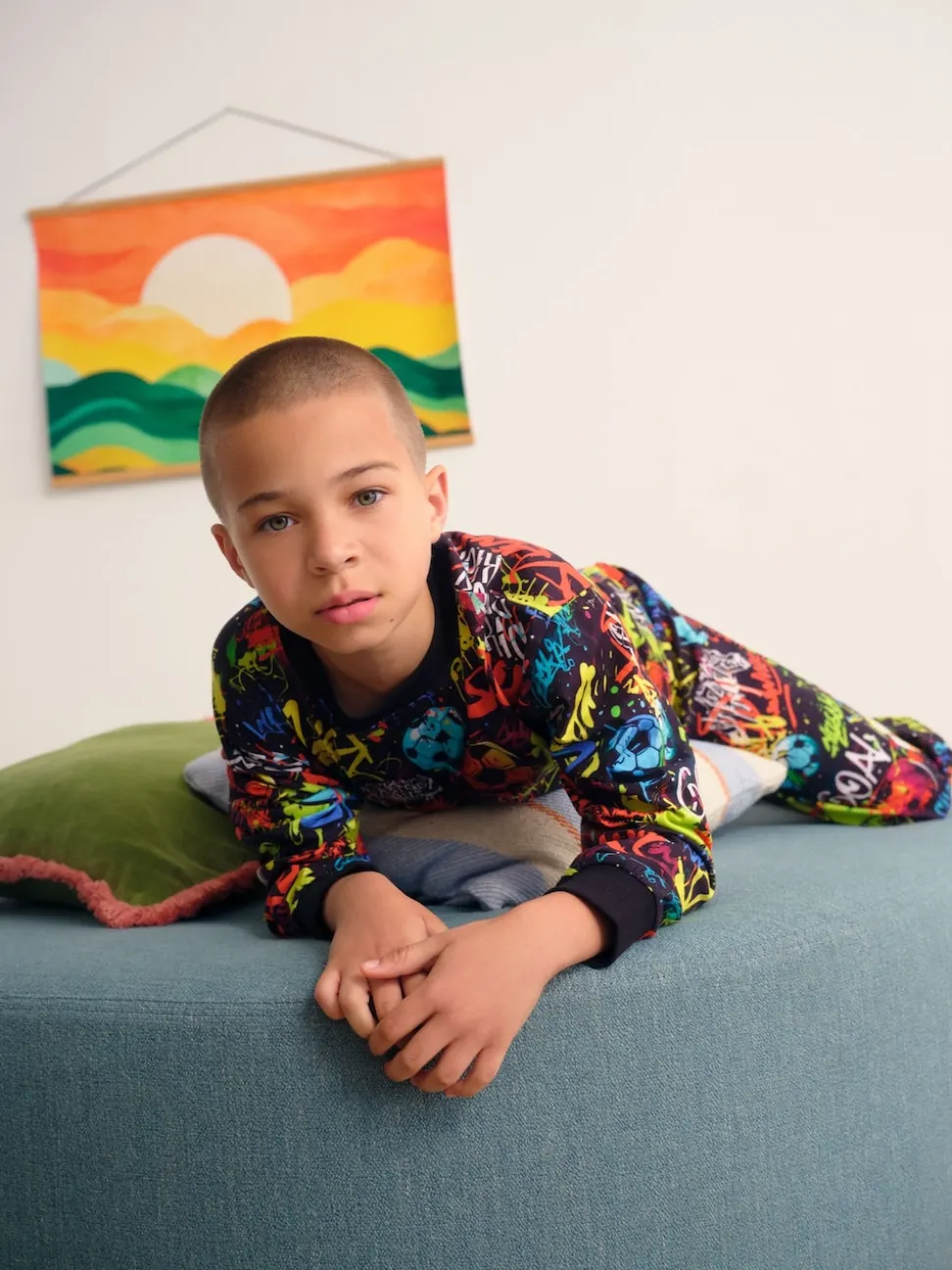 Noir Graffiti - Pyjama simple à manches longues (3-16ans)