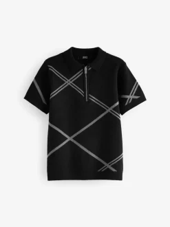 Noir motif losanges - Polos tricotés à col zippé (3-16yrs)