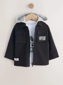 Noir Ripstop - Ensemble surchemise et t-shirt à capuche en sergé (3mois7ans)