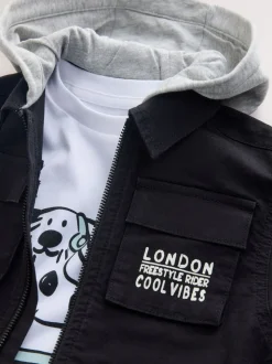 Noir Ripstop - Ensemble surchemise et t-shirt à capuche en sergé (3mois7ans)