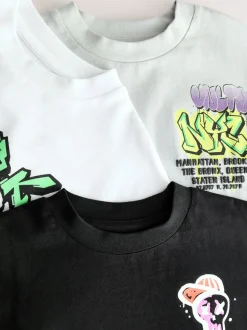 Noir/Blanc/Gris - Lot de 3 t-shirts à manches courtes à imprimé graphique décontractés (3-16ans)