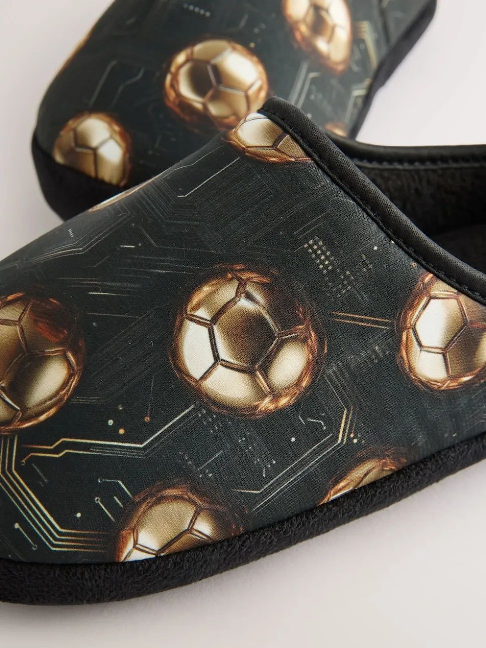 Noir/doré motif football - Mules chaussons doublées chaudes
