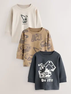Noir/Marron Digger - Lot de 3 t-shirts imprimés graphiques à manches longues (3mois-7ans)