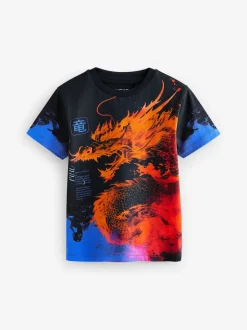 Noir/Orange Dragon - T-shirt imprimé régulier à manches courtes (3-16ans)