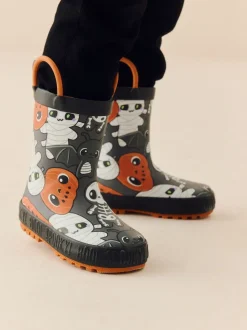 Noir/Orange Halloween - Bottes de pluie à poignée