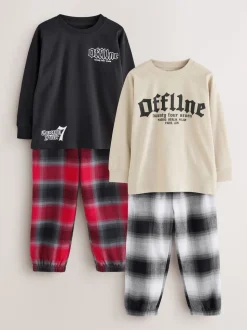 Noir/Rouge/Beige Sable Offline - Lot de 2 pyjamas en tissu à carreaux à manches longues (3-16ans)