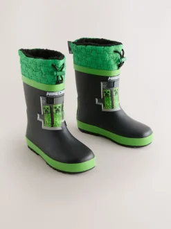 Noir/Vert - Bottes de pluie Minecraft à doublure chaude