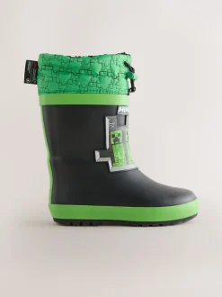 Noir/Vert - Bottes de pluie Minecraft à doublure chaude