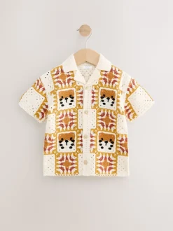 Orange/tigre neutre - Polos tricotés à col rond (Crochet Revere) Manches courtes (12mths-7yrs)