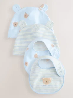 Ours bleu - Ensemble 4 pièces bonnet et bavoirs bébé (0-18mois)