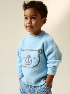 Ours bleu - Personnage Pull Col rond en maille (3mois-7ans)