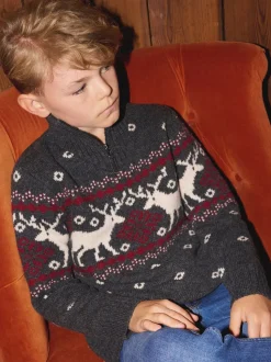 Pull de Noël The Little Tailor Festive Fairisle gris à col zippé pour enfant