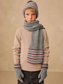 Rayure grise/Rouge - Ensemble chapeau, écharpe et gants 3 pièces (3-16ans)