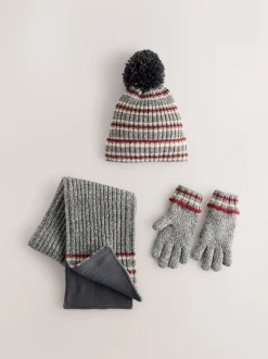 Rayure grise/Rouge - Ensemble chapeau, écharpe et gants 3 pièces (3-16ans)