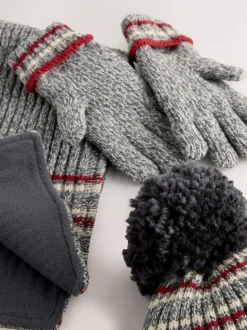 Rayure grise/Rouge - Ensemble chapeau, écharpe et gants 3 pièces (3-16ans)