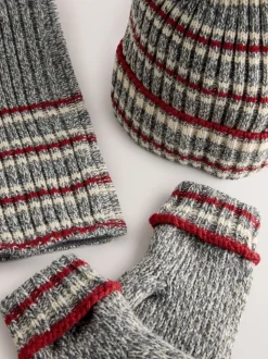 Rayure grise/Rouge - Ensemble chapeau, écharpe et gants 3 pièces (3-16ans)