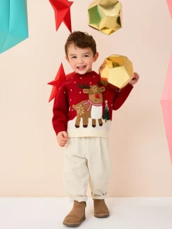 Renne Rouge lumineux - Pull de Noël en maille (3 mois-7 ans)
