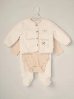 Rock-A-Bye Baby Boutique Ensemble 3pièces blanc veste en peluche, Body et Pantalons à pieds