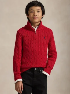 Rouge - Pull Polo Ralph Lauren quart de fermeture éclair en maille torsadée