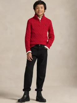 Rouge - Pull Polo Ralph Lauren quart de fermeture éclair en maille torsadée