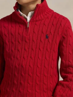 Rouge - Pull Polo Ralph Lauren quart de fermeture éclair en maille torsadée