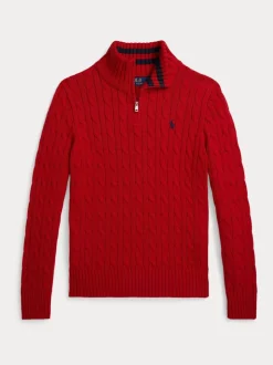 Rouge - Pull Polo Ralph Lauren quart de fermeture éclair en maille torsadée