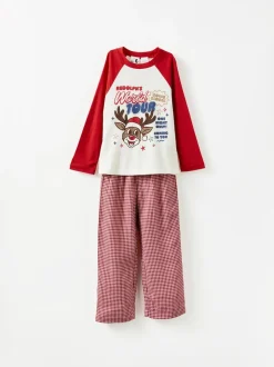 Rouge - Pyjama de Noël en coton à manches longues à manches longues pour enfant assorti