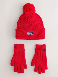 Rouge - Superdry Ensemble bonnet et Gants à pompons