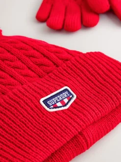 Rouge - Superdry Ensemble bonnet et Gants à pompons