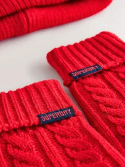 Rouge - Superdry Ensemble bonnet et Gants à pompons