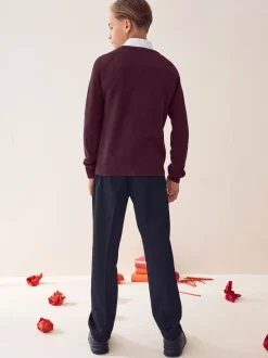 Rouge bordeaux - Pull scolaire tricoté à col en V (3-16ans)