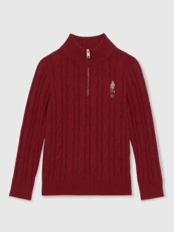 Rouge foncé - Pull Reiss Nollaig à col zippé casse-noisettes en laine mélangée