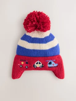 Rouge/bleu motif véhicules d'urgence - Bonnet à pompon avec oreilles (3mois -10ans)