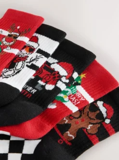 Rouge/Noir - Lot de 5 chaussettes de Noël riches en coton