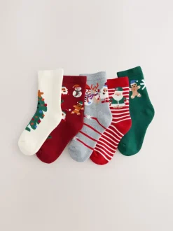 Rouge/vert - Lot de 5 chaussettes de Noël riches en coton
