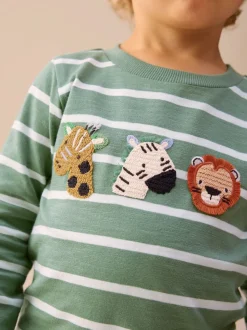 Safari à rayures vertes/blanches - T-shirt appliqué à manches longues (3 mois-7 ans)