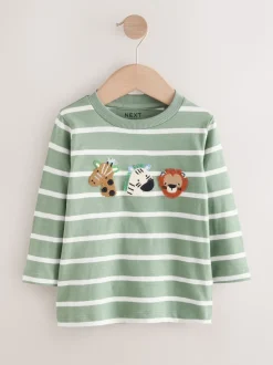 Safari à rayures vertes/blanches - T-shirt appliqué à manches longues (3 mois-7 ans)