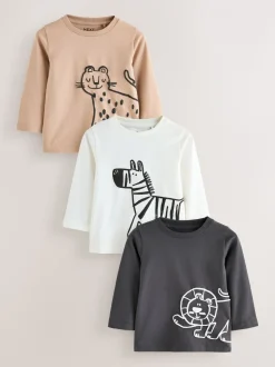 Safari fauve/blanc/noir - Lot de 3 t-shirts imprimés graphiques à manches longues (3mois-7ans)