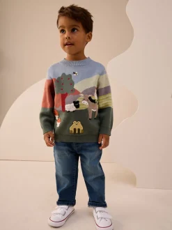 Scène de ferme verte/bleue - Pull tricoté (3mths-7yrs)