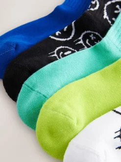 Sourire graffiti bleu/vert - Cushioned Semelle intérieure Cotton Rich Ribbed Tipped Chaussettes 5 Lot