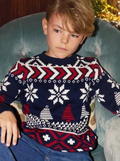 The Little Tailor pull en coton fairisle multicolore de Noël bleu enfant