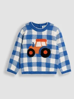 Tracteur bleu - Pull JoJo Maman Bébé à motif appliqué au crochet